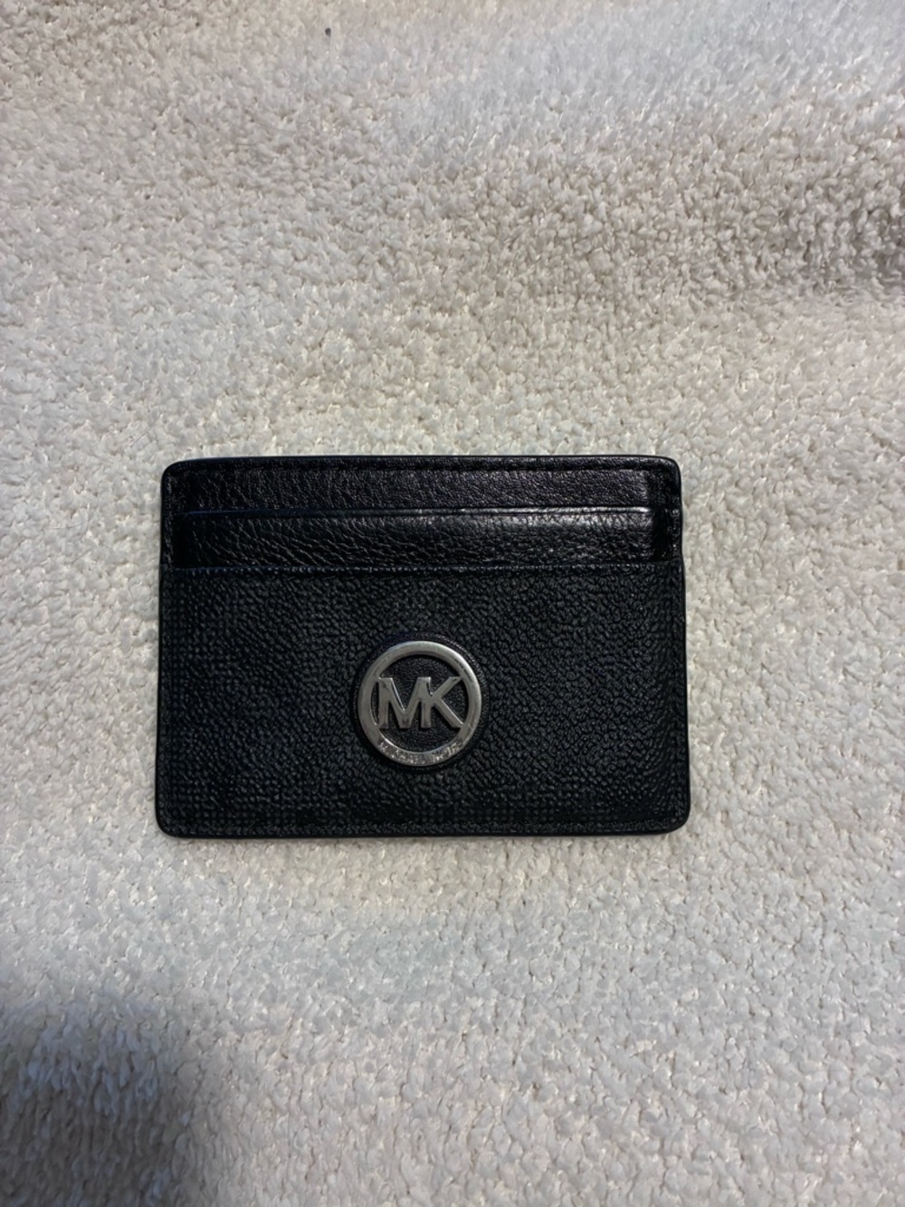 Michael Kors Black Leather Slim Card Holder with Silver MK Logo